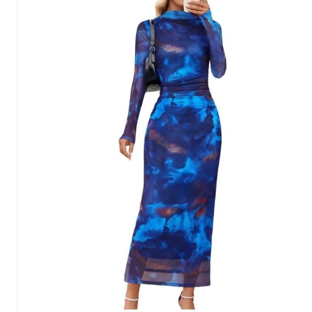 Merokeety Long Sleeve Tie Dye Maxi Dress Blue Nwt Size XL